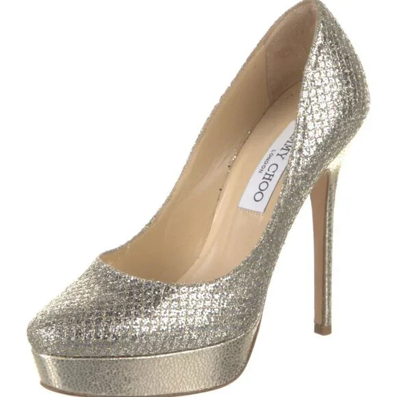 JIMMY CHOO NEW $695 Alex Silver Gold Metallic Leather Platform Pump - Picture 1 of 10